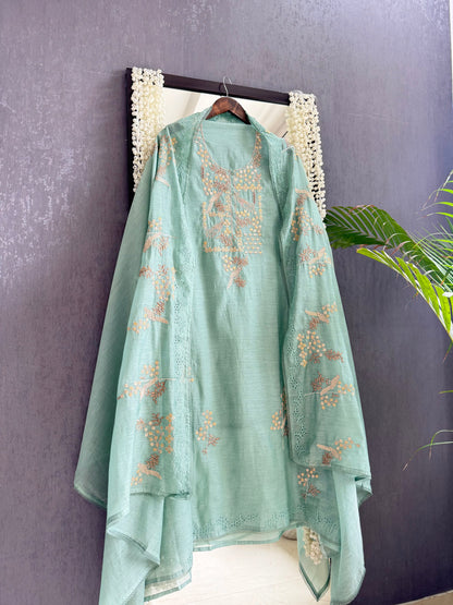 Luxurious Mul chanderi schiffili peacock suit