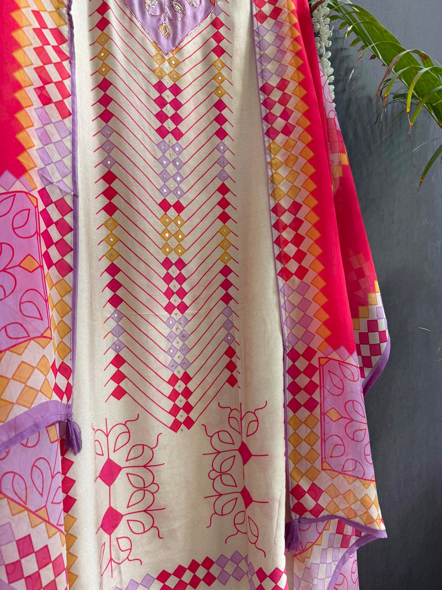 Muslin ikkat inspired handwork suits