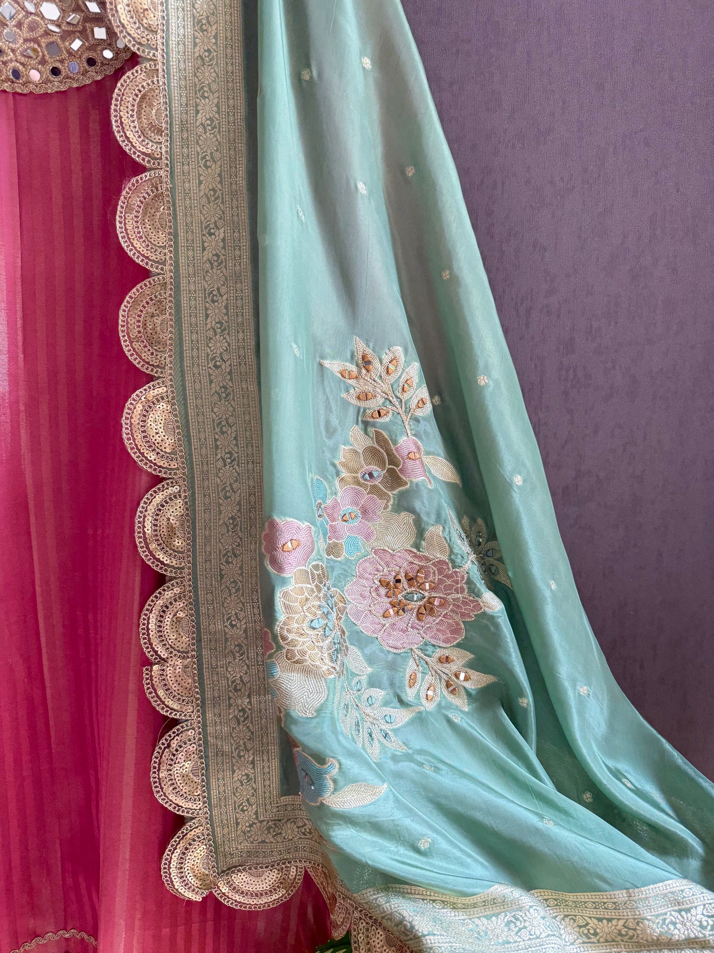 Premium Mirror work tissue benarsi suit