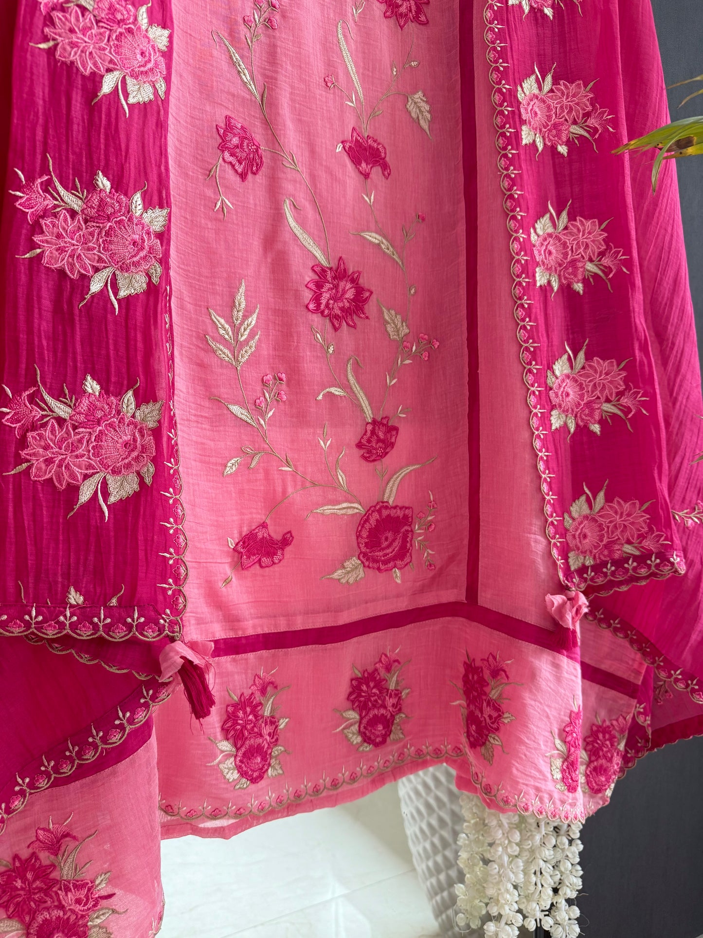 Luxurious Mul chanderi appliqué floral suit