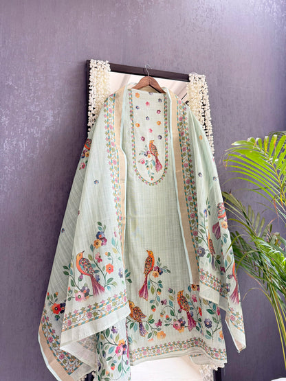 Linen birds kanthawork suit