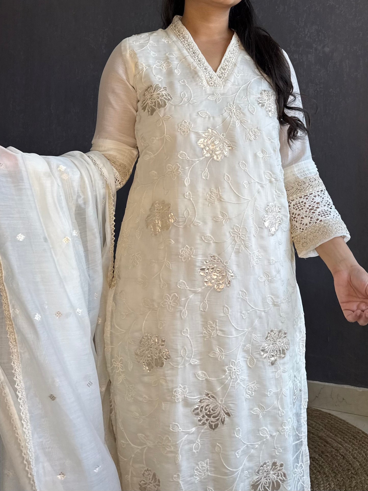 Gold appliqué floral chanderi suit