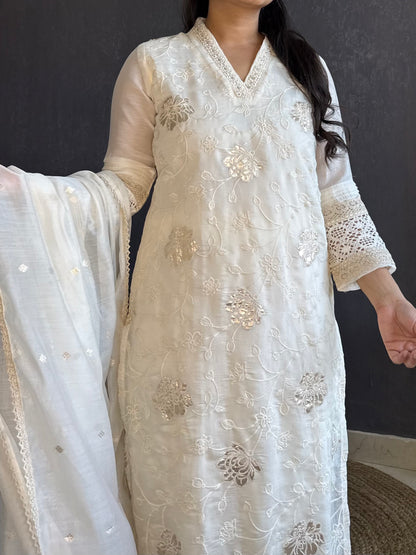 Gold appliqué floral chanderi suit