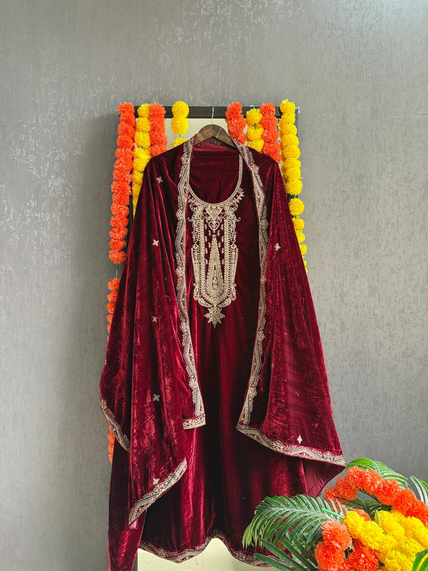Velvet brocade marori aari work suit