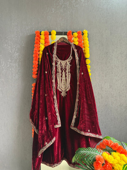 Velvet brocade marori aari work suit