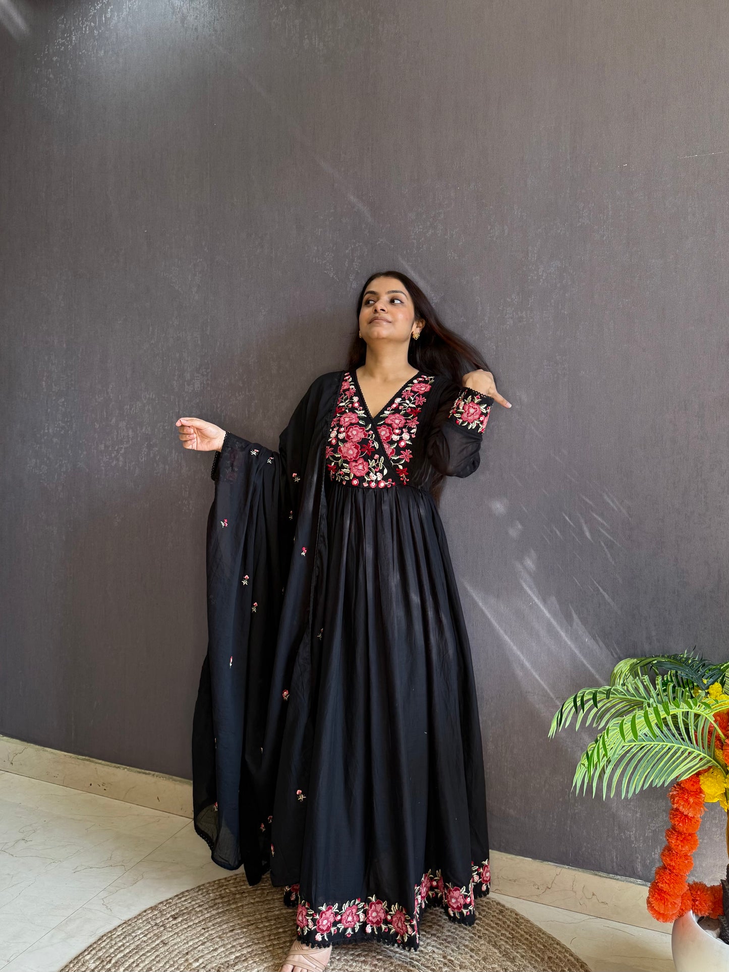 Mal cotton roses embroidered Anarkali