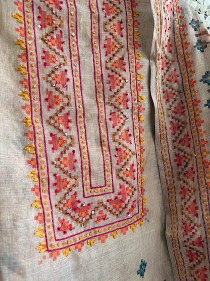Linen ikkat Frenchknot kantha work suit