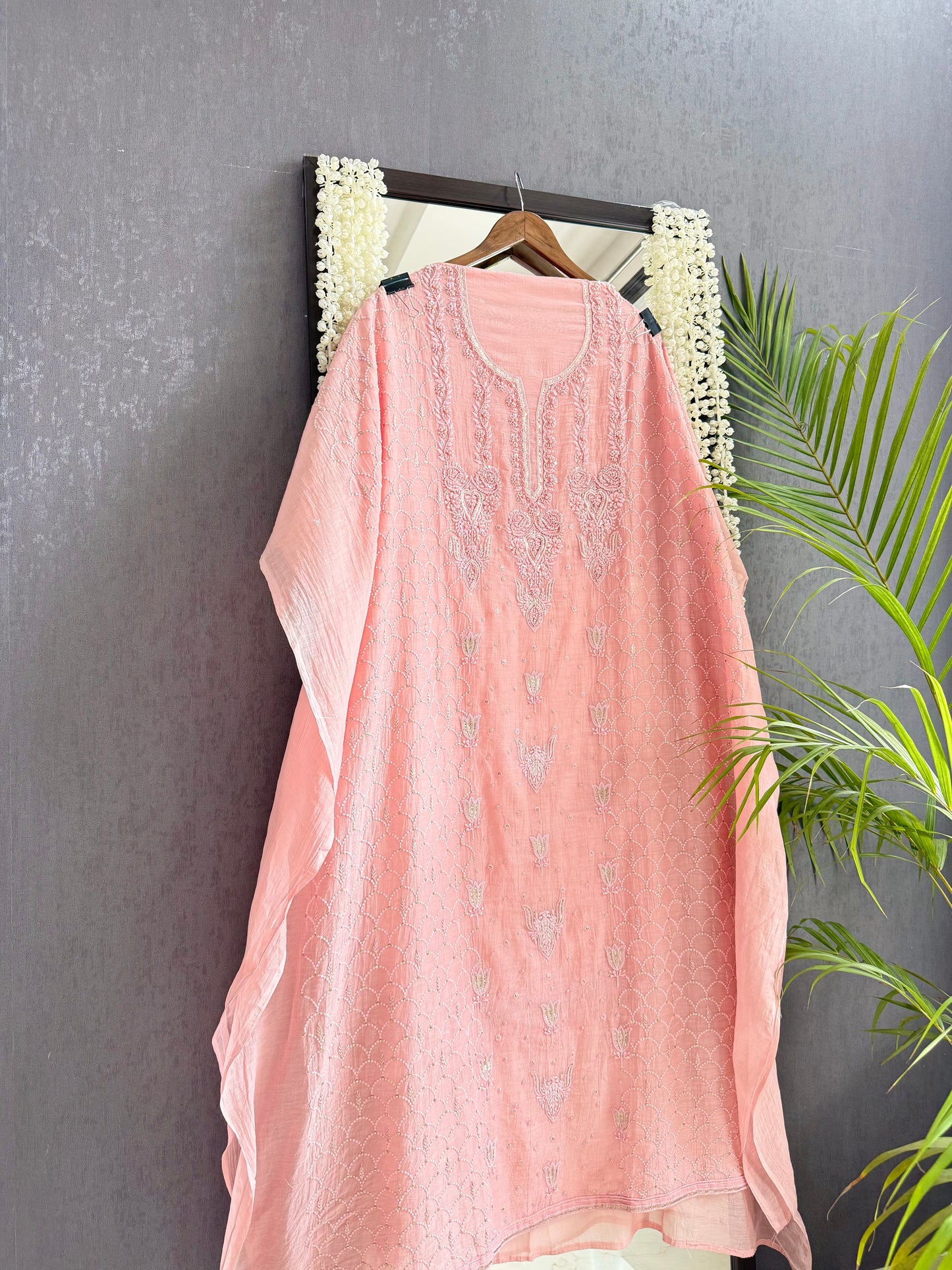 Luxurious Mul chanderi lucknowi tulip and hearts suit