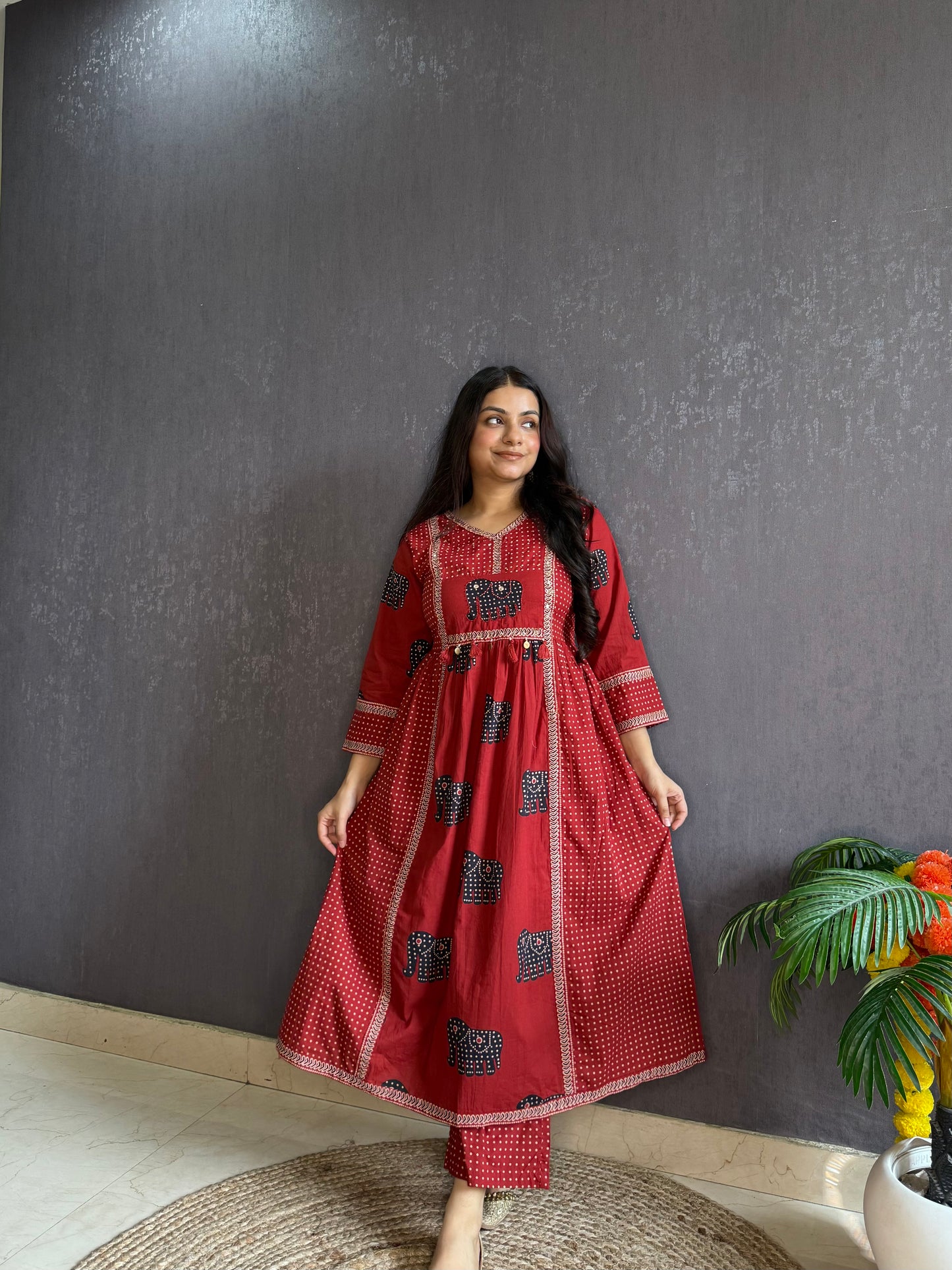 Ajrakh elephants handwork A line suit set