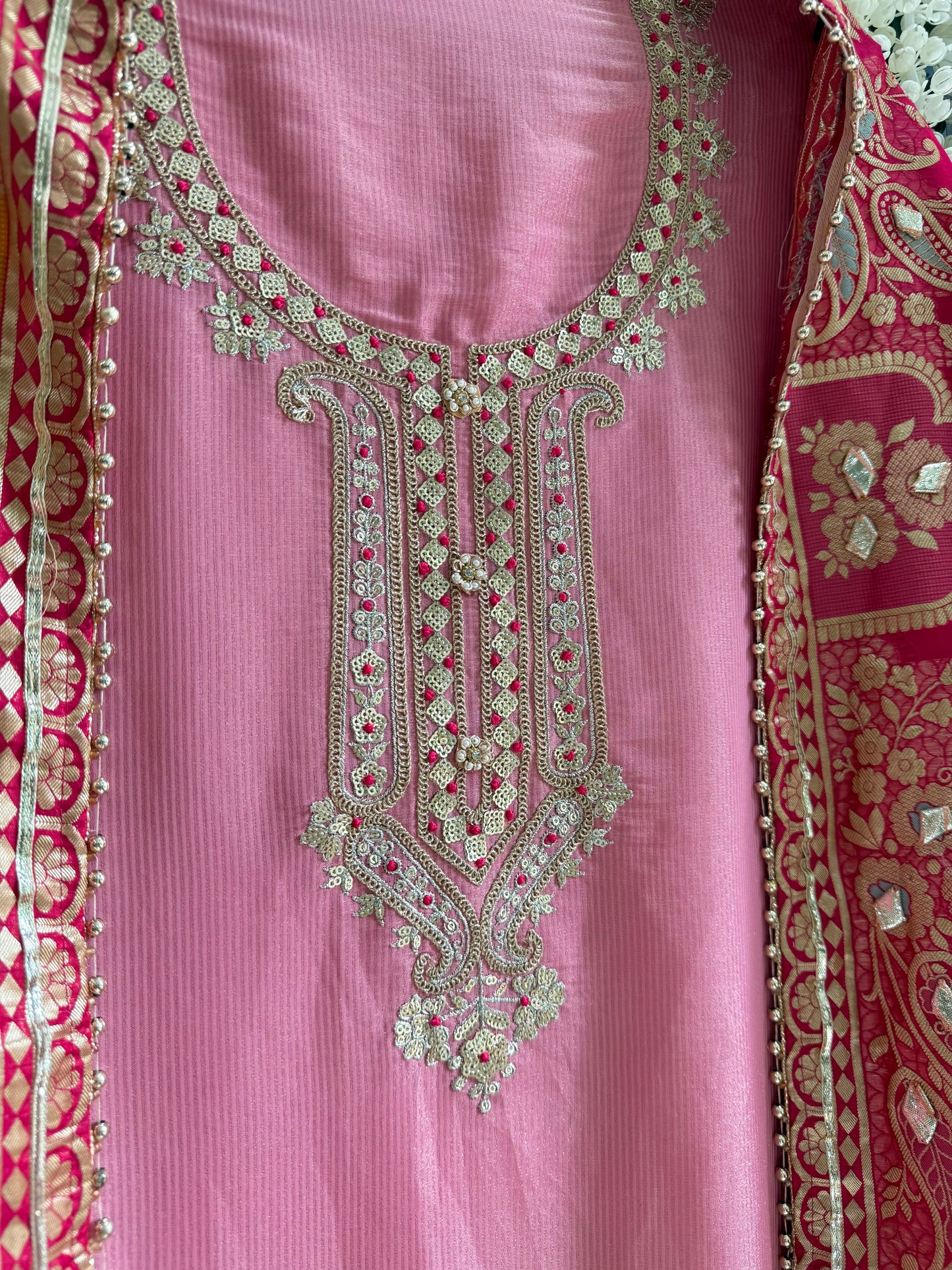 Tissue zari Aari work Meenakari suit
