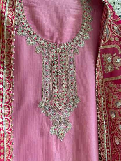Tissue zari Aari work Meenakari suit