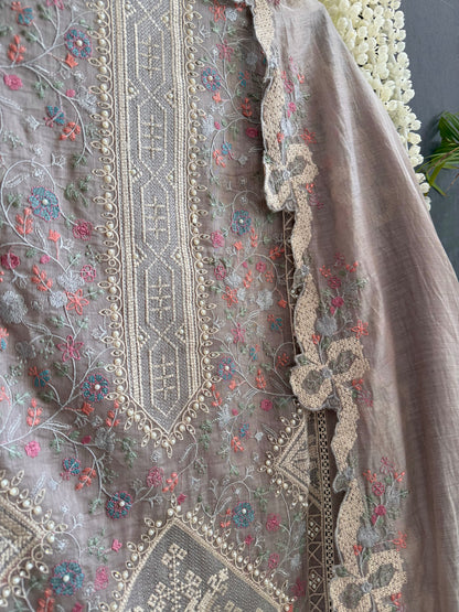 Luxurious Mul chanderi bow crossstitch suit
