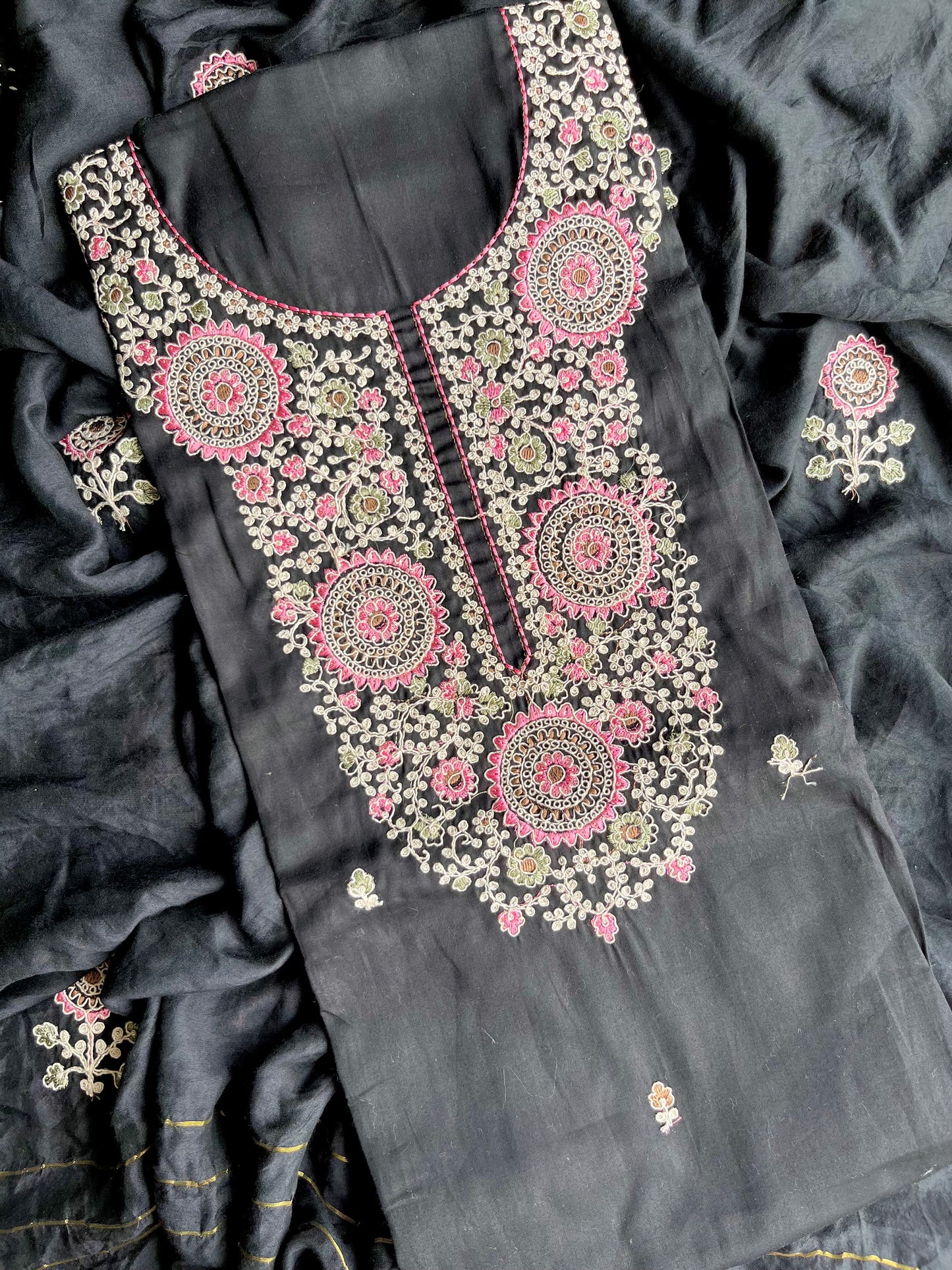 Satin Aari work unstitched suits