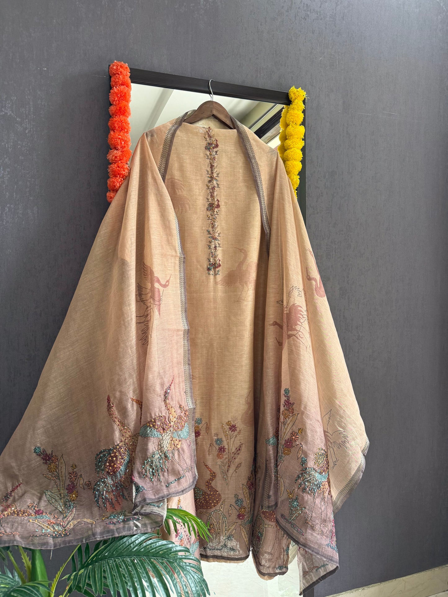 Pure linen birds frenchknot kantha work suit