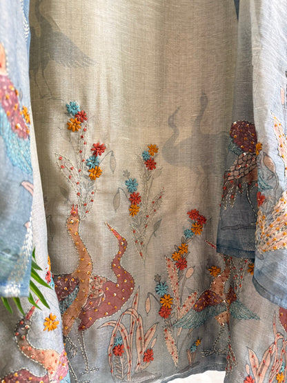Pure linen birds frenchknot kantha work suit