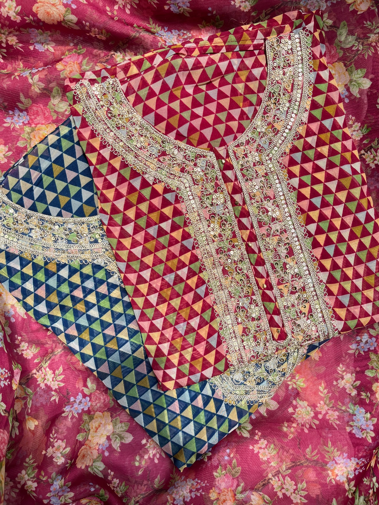 Aari work pearlwork organza suits