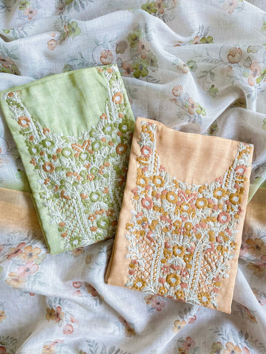 Pure linen Parsi embroidery suits