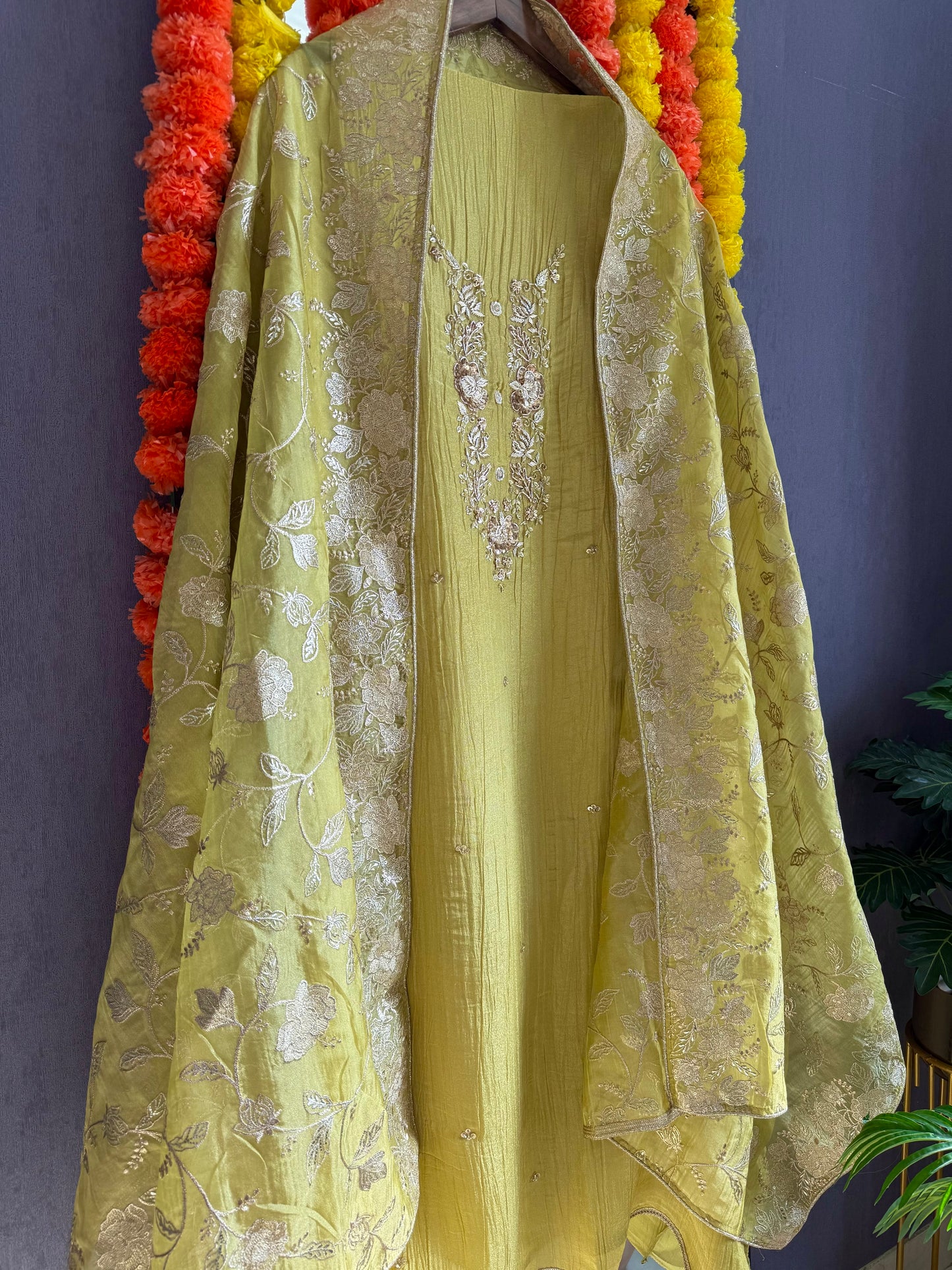 Luxurious crush tissue zardozi embroidered suit