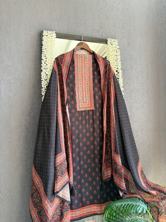 Pure crepe ajrakh aari work suit