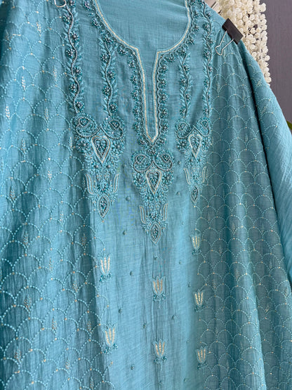 Luxurious Mul chanderi lucknowi tulip and hearts suit