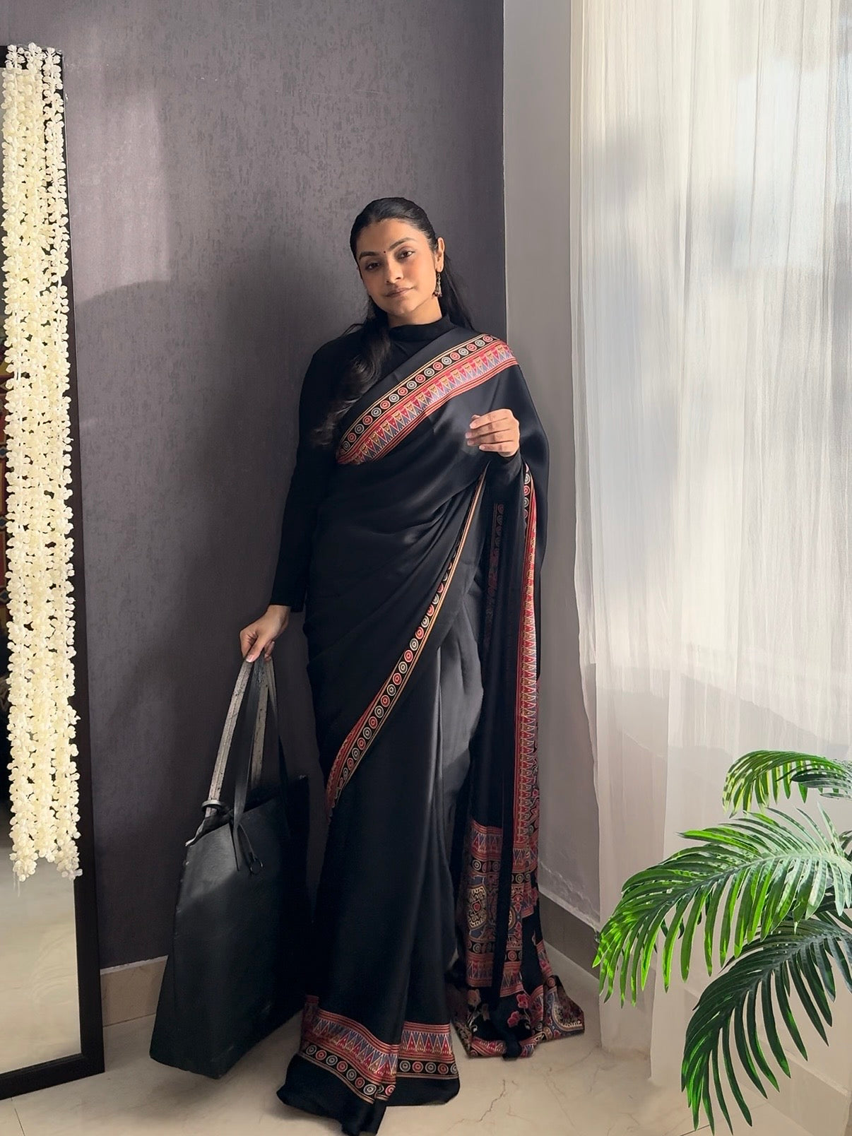 Satin crepe Ajrakh printed saree