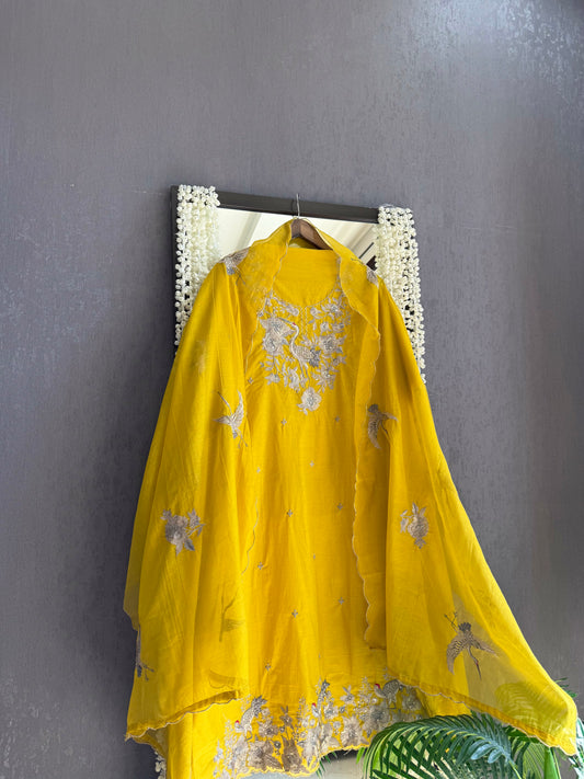 Chanderi parsi work flamingos suit