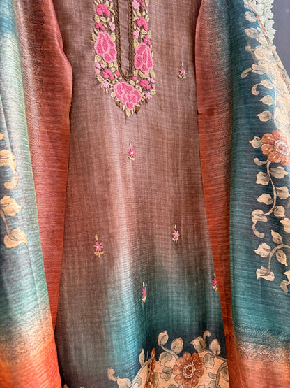 Pure linen frenchknot kalamkari suit