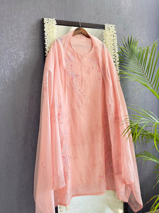 Luxurious Mul chanderi threadwork floral schiffili suit