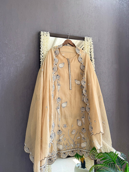 Luxurious Mul chanderi aqua shells suit