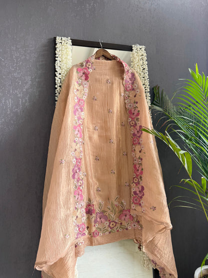 Luxurious Mul chanderi appliqué work floral suit
