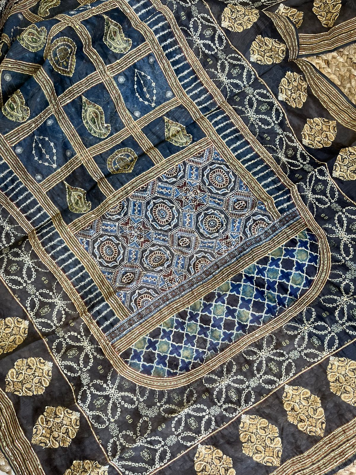 Maheshwari Kantha work Ajrakh Unstitched suit