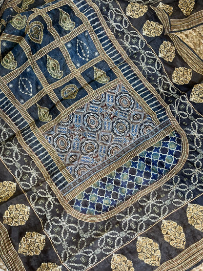 Maheshwari Kantha work Ajrakh Unstitched suit
