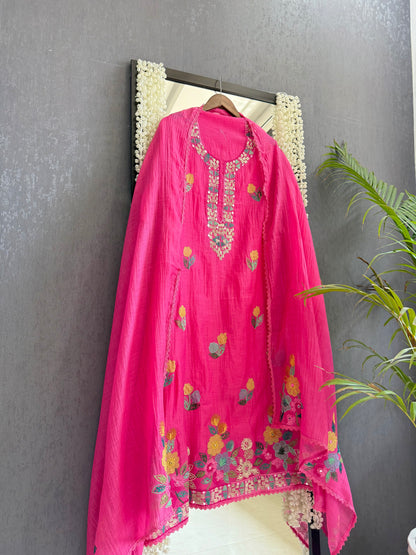 Luxurious Mul chanderi appliqué mirror work suit