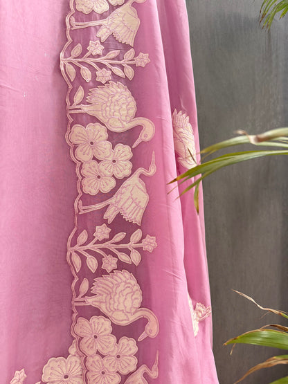Organza appliqué work flamingos suit