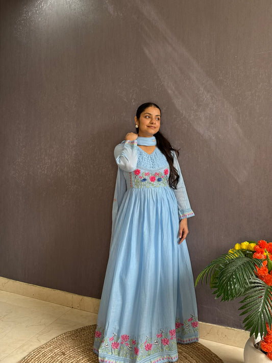Mal cotton roses embroidered french knot Anarkali