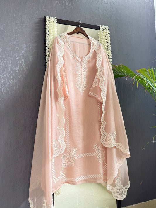 Luxurious Mul chanderi appliqué work suit