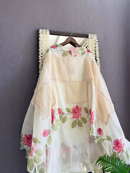 Luxurious Mul chanderi handpainted florals suit