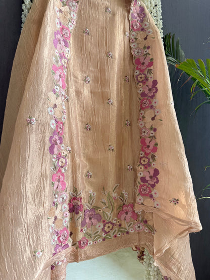 Luxurious Mul chanderi appliqué work floral suit