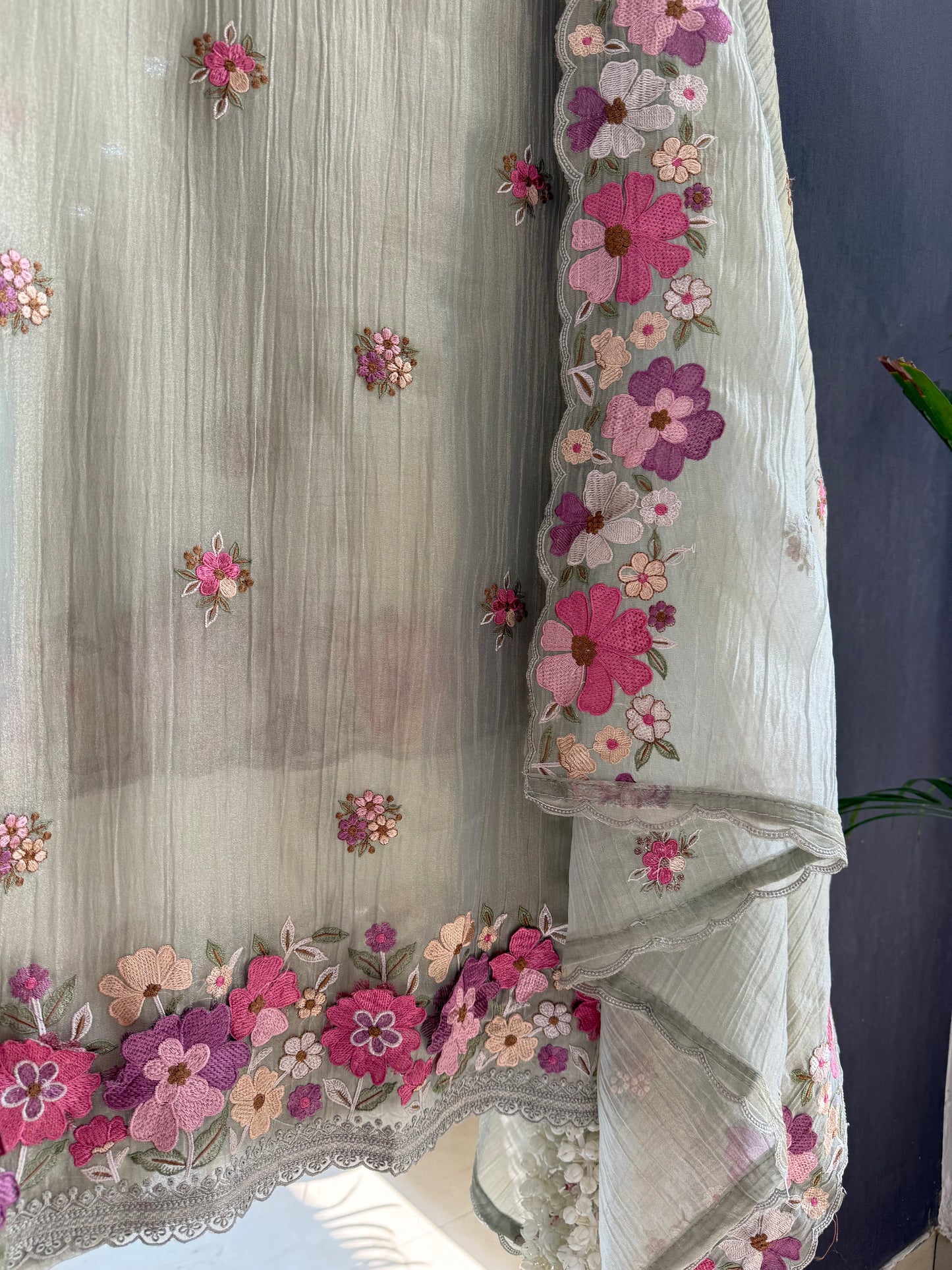 Luxurious Mul chanderi appliqué work floral suit