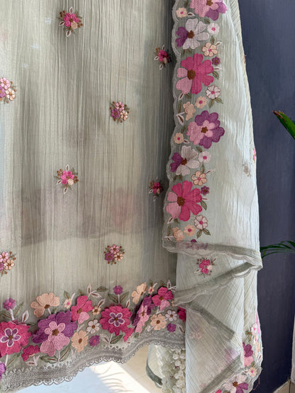 Luxurious Mul chanderi appliqué work floral suit