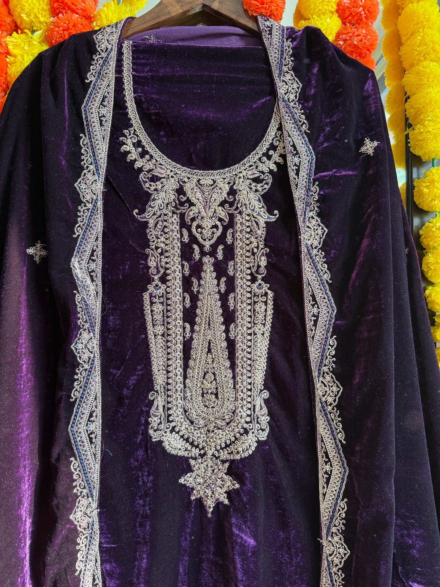 Velvet brocade marori aari work suit
