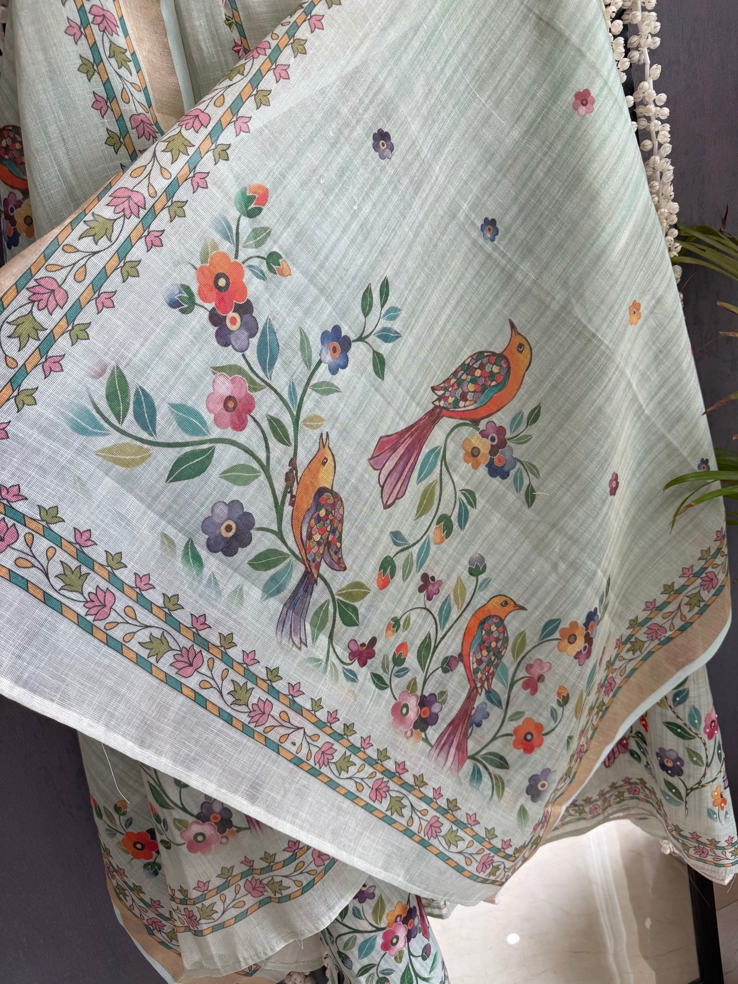 Linen birds kanthawork suit