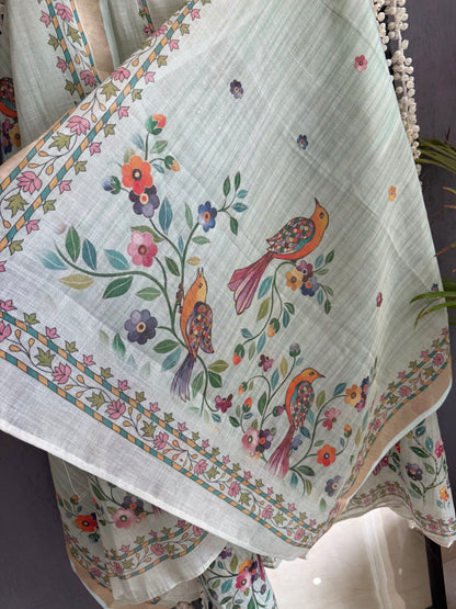 Linen birds kanthawork suit