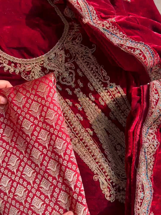 Velvet brocade marori aari work suit