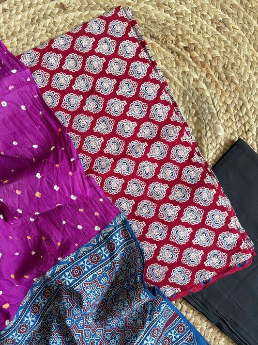 Pure cotton ajrakh bandhani suits