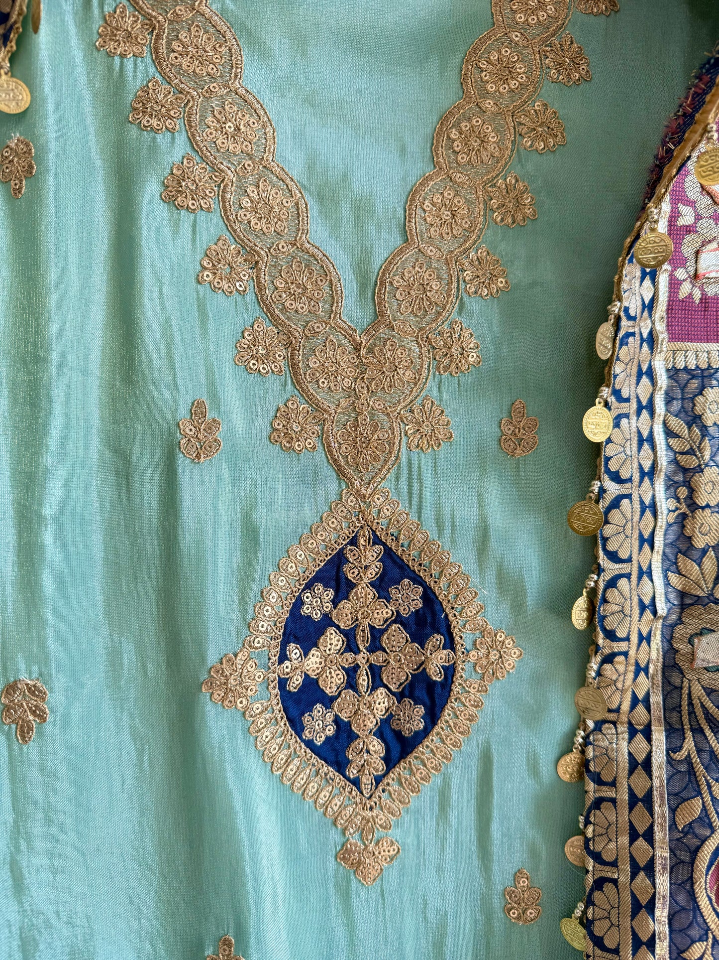 Tissue silk Aari work Meenakari suit