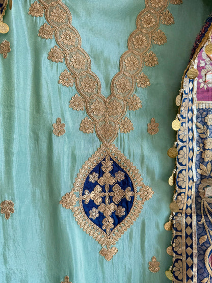 Tissue silk Aari work Meenakari suit