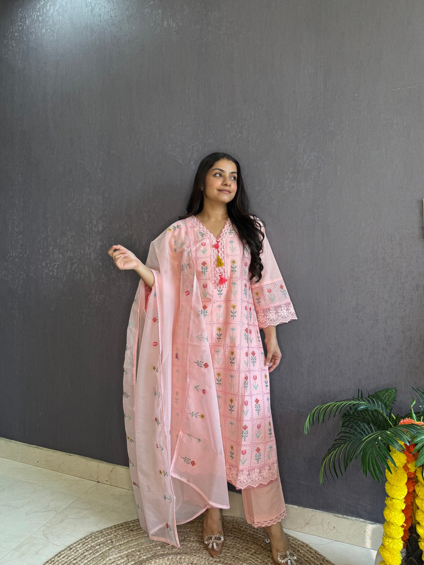 Cotton checked floral designer suit