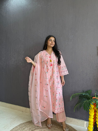 Cotton checked floral designer suit