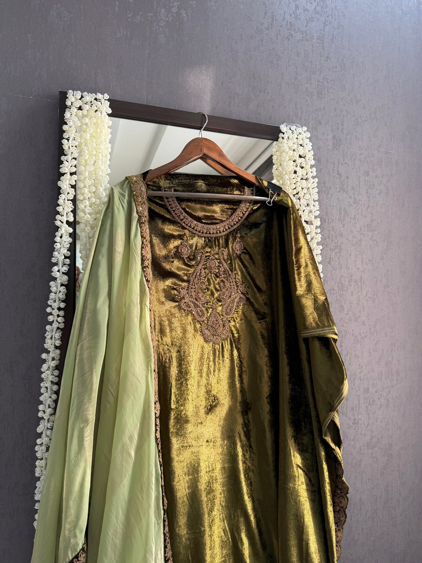 Velvet brocade marori aari work suit